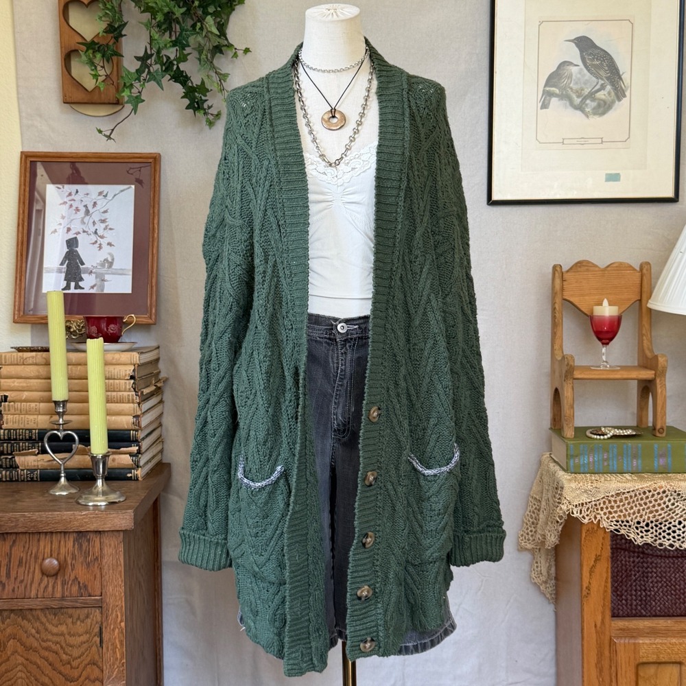 Free People Green Cable Knit Cardigan Sweater Oversized Grandpa Grunge 2000s